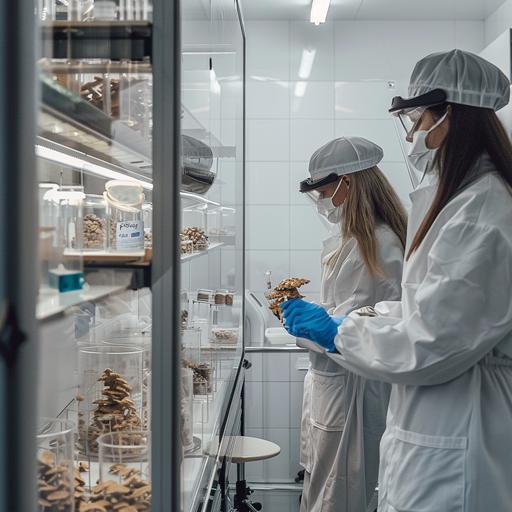 The laboratory, where they conduct research and produce pselocebin mushrooms, is presented to us from different sides. in the frame people from the company detailed photo and realistic on the robes logo called - Psilo Waves