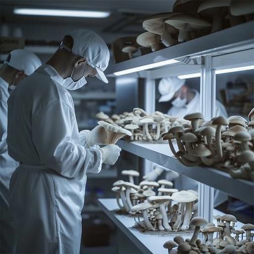 The laboratory, where they conduct research and produce pselocebin mushrooms, is presented to us from different sides. in the frame people from the company detailed photo and realistic on the robes logo called - Psilo Waves