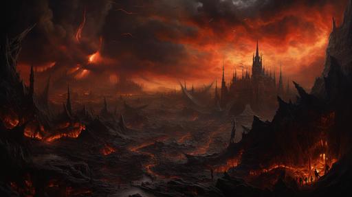 The landscape of Hell, the sky is red, there is lava pouring out of massive mountains and crags, there is spouts of lava shooting into the sky, there is a massive evil-looking castle of the Devil in the distance, there are armies of devils fighting in the far distance --ar 16:9