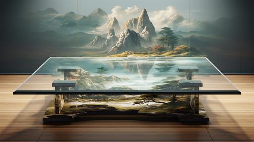 The landscape painting is on a transparent table 3d rendering, --ar 16:9