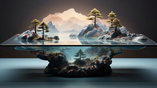 The landscape painting is on a transparent table 3d rendering, --ar 16:9