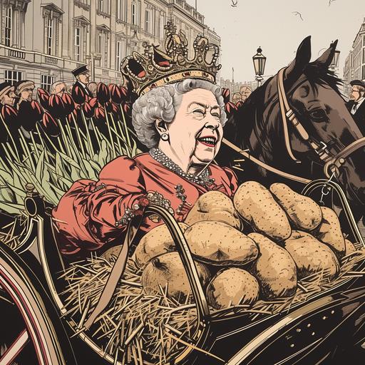 The late morbid Queen Elizabeth wearing a sack of potatoes, sleeping on a bed of hay on a cheap horse carriage. Paraded through the streets of London. Psychotically laughing crowds holding black tulips. Hysterical crowds. In the style of DC comics comic strips. Expressive crowds. --s 50 --v 6.0