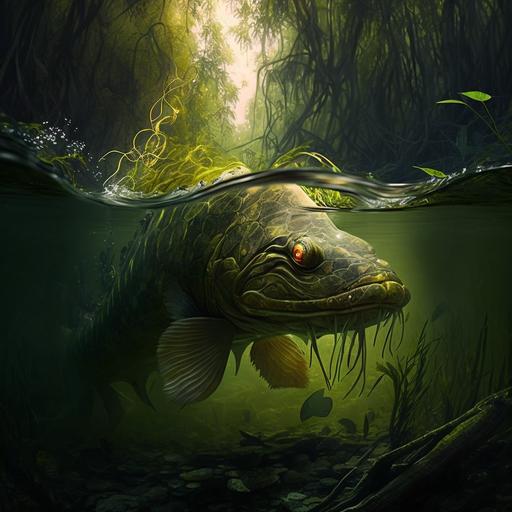 The legend of Pirarucu takes place in the murky depths of the Amazon river, where the giant fish can be seen gliding through the water with ease. The tangled vines and roots of the riverbank provide a backdrop for the ominous creature, and the sound of its powerful tail slapping against the water can be heard from far away.