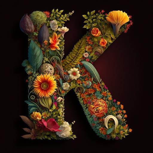 The letter K as an illuminated letter using various flowers, hyper-detailed, rich colors, intricate, beautiful, Tet traditional, Vietnamese Tet, Tet holiday, Vietnamese New Year, Lunar New Year, Vietnamese Tet decorations, Tet flowers, Vietnamese Tet festivals