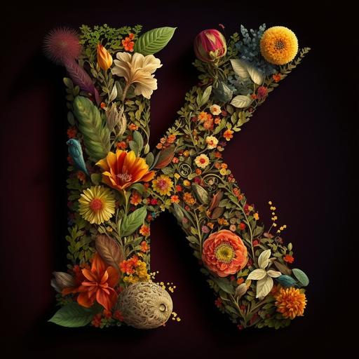 The letter K as an illuminated letter using various flowers, hyper-detailed, rich colors, intricate, beautiful, Tet traditional, Vietnamese Tet, Tet holiday, Vietnamese New Year, Lunar New Year, Vietnamese Tet decorations, Tet flowers, Vietnamese Tet festivals