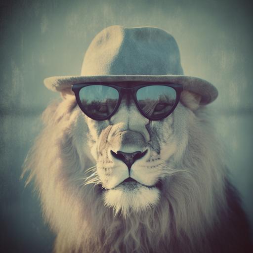 The lion wears sunglasses, retro portrait style, iconic grunge images, gray and aquamarine, matte photo, painterly style, humorous tones, cross-process film, cowboy imagery, handsome, --q 2 --v 5 --v 4