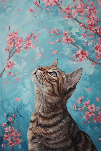 The little tabby cat, in the style of cherry blossoms, pop-surrealism, pastel colors and blue, characterful animal portraits, richly detailed genre paintings, vibrant illustrations, petcore --ar 85:128