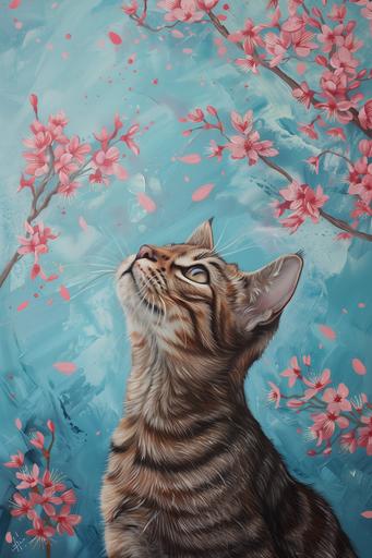 The little tabby cat, in the style of cherry blossoms, pop-surrealism, pastel colors and blue, characterful animal portraits, richly detailed genre paintings, vibrant illustrations, petcore --ar 85:128 --v 6.0