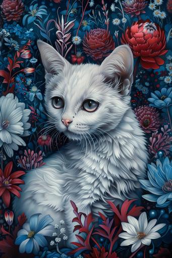 The little white cat, in the style of cherry blossoms, pop-surrealism, dark crimson and blue, characterful animal portraits, richly detailed genre paintings, vibrant illustrations, petcore --ar 85:128