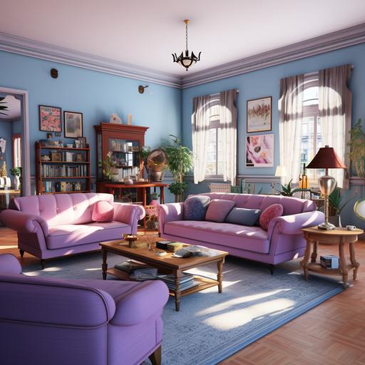The living room has a spacious corner with light blue walls, and a set of tables and purple sofas, ar 1:1, v6.