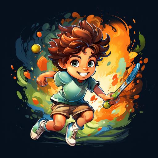The logo features children in motion, holding a tennis racket and ball. It uses dynamic and animated illustrations, with vibrant colors and playful art style. The emphasis is on capturing the energy and enthusiasm of children playing tennis. The design is clean, with sharp outlines for easy recognition. The logo represents the joy and excitement of children's tennis in a visually appealing manner. --s 750