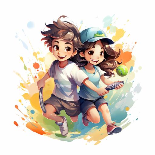 The logo showcases a girl and a boy holding tennis rackets. It portrays their youthful energy and enthusiasm for the sport. The design features clean lines and vibrant colors. The characters are depicted in a dynamic and engaging manner, reflecting the joy of playing tennis. The logo captures the essence of both genders participating in the sport. --s 750