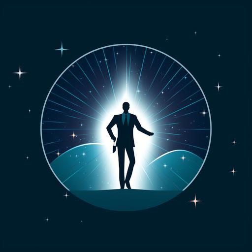 The logo showcases an outlined silhouette of a person donned in a suit, confidently holding a briefcase, symbolizing professionalism in business consulting. Notably, the design incorporates dynamic elements like shooting stars, conveying the idea of reaching for dreams and aiming high. This fusion of a corporate figure with celestial elements represents Midjourney's ethos of business consulting infused with care, compassion, and the aspiration to help clients soar to new heights in their endeavors.