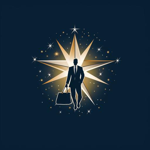 The logo showcases an outlined silhouette of a person donned in a suit, confidently holding a briefcase, symbolizing professionalism in business consulting. Notably, the design incorporates dynamic elements like shooting stars, conveying the idea of reaching for dreams and aiming high. This fusion of a corporate figure with celestial elements represents Midjourney's ethos of business consulting infused with care, compassion, and the aspiration to help clients soar to new heights in their endeavors.