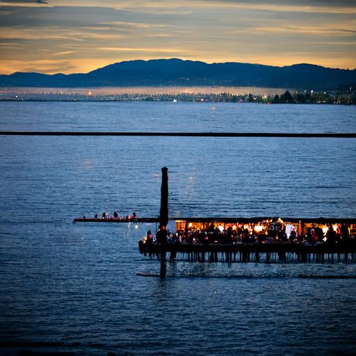 The longest chartuterie baord on White Rock, BC Canada's 1500 ft pier with 500 people dressed nicely drinking wine on the pier in cocktail style vibe. The charcuterie board is 500 ft long by 10 inches wide on a 500 foot table coered in black table cloths with walking room around and Jazz trio performing at the end of the pier and all enjoying the stunning backdrop of White Rock and Semiahmoo Bay photorealistic --v 3 --video