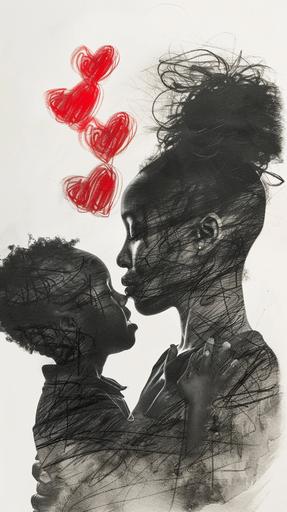 The love between a black Mother and her son in a charcoal minimalist single line sketch, red hearts and love in the air, double exposure, chiaroscuro --ar 9:16