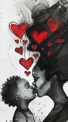 The love between a black Mother and her son in a charcoal minimalist single line sketch, red hearts and love in the air, double exposure, chiaroscuro --ar 9:16