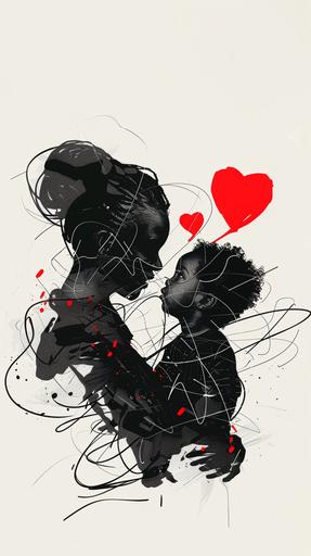 The love between a black Mother and her son in a minimalist single line sketch, red hearts and love in the air, double exposure, chiaroscuro --ar 9:16