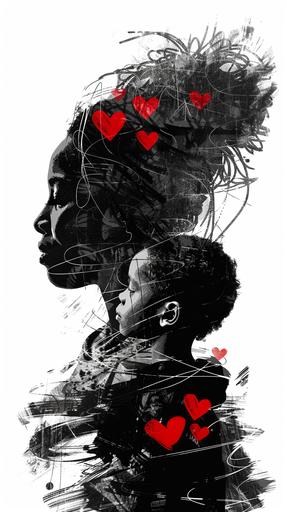 The love between a black Mother and her son in a minimalist single line sketch, red hearts and love in the air, double exposure, chiaroscuro --ar 9:16