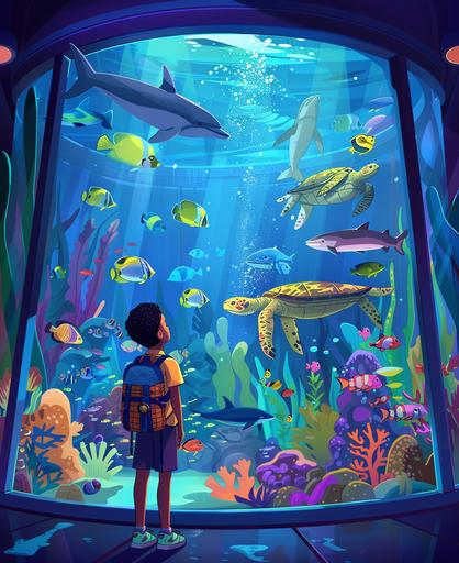 The main character explores an aquarium, discovering aquatic animals like colorful fish, playful dolphins, and graceful sea turtles. cartoon style, thick lines, vivid color --ar 9:11