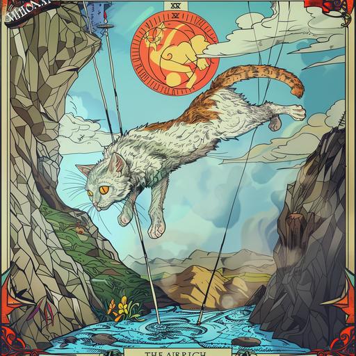 The major Arcana tarot card The Fool except the foil is a cat looking up at the sky and about to walk off a cliff. Exquisite detail, highly complex, surreal cartoon. Vivid color, strong lines. --s 50