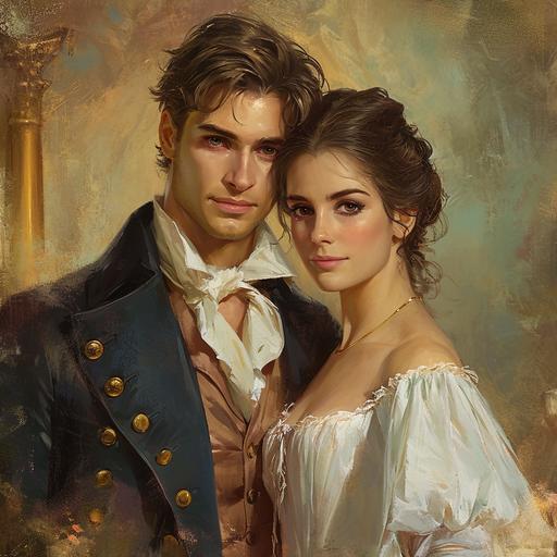 The man has short windblown hair and Regency-era clothing. The woman in a Regency dress. The background is romantic and reflects the Regency period. --v 6.0