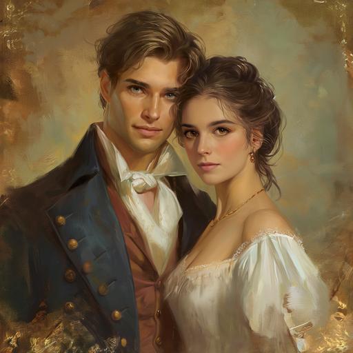 The man has short windblown hair and Regency-era clothing. The woman in a Regency dress. The background is romantic and reflects the Regency period. --v 6.0
