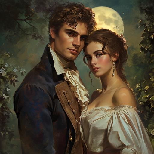 The man has short windblown hair and Regency-era clothing. The woman in a Regency dress. The background is a romantic moonlit garden and reflects the Regency period.Realistic and lifelike. --v 6.0