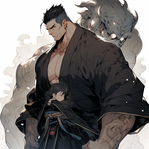 The man is a very tall and very muscular man. He has short black hair, below which is a scar that runs horizontally across his forehead. Gyomei is blind from birth, causing his eyes to have no irises or pupils. He is often seen crying. Gyomei wears a standard demon slayer's uniform, with an olive happie over it. He also wears a large red bead around his neck, and outside of battle he carries a red rosary, Anime-style, 4k --s 750 --niji 5
