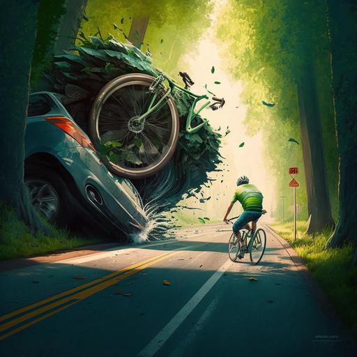 The man is riding a bicycle on a small road, both sides of the road are covered with fresh green trees. He was cycling at high speed and was not wearing a helmet. Suddenly, his car hit a bump in the road and he lost his balance, falling to the ground.