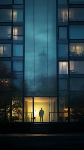 The modern apartments built on part of the hospital grounds, juxtaposing the new with the old, a ghostly figure visible in the old hospital's window, medium shot, hyper-realistic, photo realism --ar 9:16