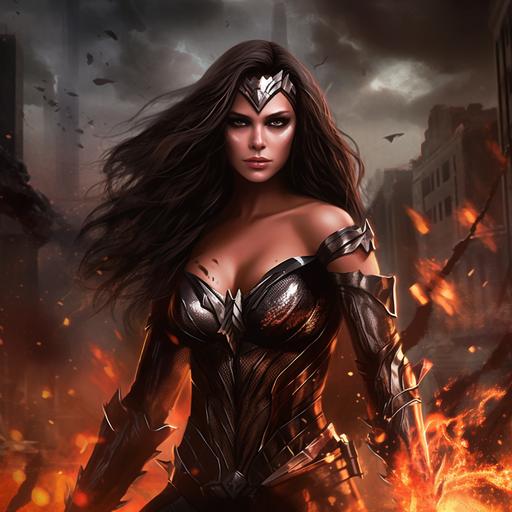The most beautiful gorgeous brunette goddess princess version of Wonder Woman from DC Comics in crazy Gotham City with crazy evil villain action and explosions on the streets with an awesome amazing background with a marvel meets dark DC Comics meets Xmen meets Bladerunner style --uplight --v 5