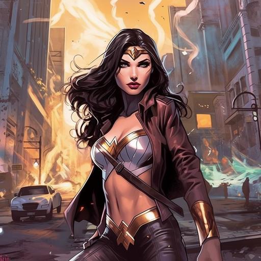 The most beautiful gorgeous brunette goddess princess version of Wonder Woman from DC Comics in crazy Gotham City with crazy evil villain action and explosions on the streets with an awesome amazing background with a marvel meets dark DC Comics meets Xmen meets Bladerunner style --uplight --v 5