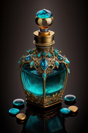 The most beautiful perfume bottle in the world contains liquid gold and turquoise crystals, closed with a beautiful jeweled cap, hyper realistic, incredible, wonderful, turquoise smoke, product photo --ar 2:3 --q 2 --v 4
