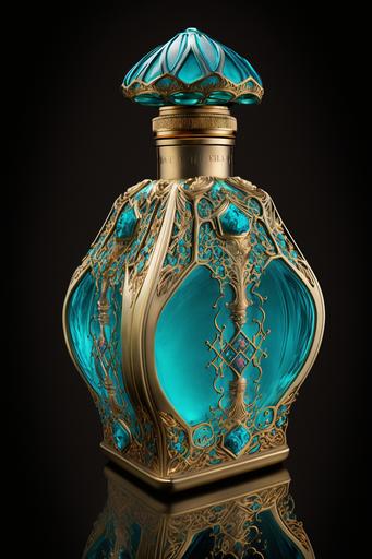 The most beautiful perfume bottle in the world contains liquid gold and turquoise crystals, closed with a beautiful jeweled cap, hyper realistic, incredible, wonderful, turquoise smoke, product photo --ar 2:3 --q 2 --v 4