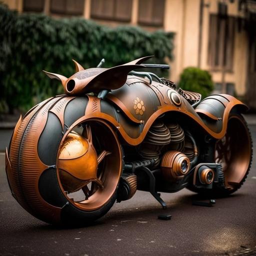 The motorcycle should be designed to look like it belongs in the Wild West, with a rustic and rugged appearance. It should have a sleek, streamlined design, with elements of the iconic bat symbol incorporated into its structure. The motorcycle should be powered by steam, with pipes and valves visible on the exterior. The rider should be dressed in a Wild West-style outfit, with a black duster coat, cowboy hat, and boots. The rider should be none other than Batman himself, his cape flowing behind him as he races down a dusty trail, chasing after a gang of outlaws. In the background, the rugged terrain of the Wild West should be visible, with rocky hills, cactus plants, and desert vistas. The sky should be painted in shades of orange and red, with the setting sun casting long shadows across the landscape. The steam-powered motorcycle should exude an air of power and speed, with Batman and his ride serving as symbols of justice and freedom in a lawless and dangerous land.