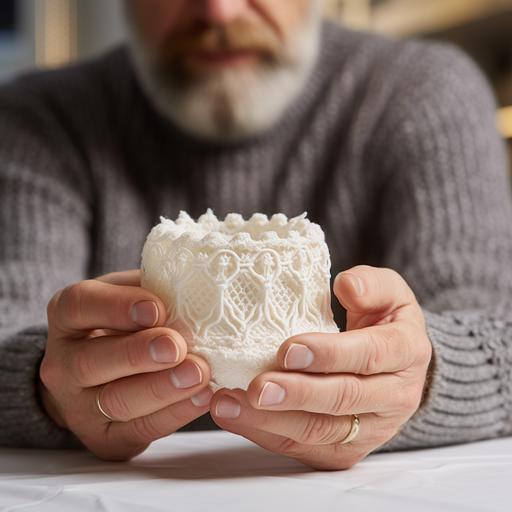 The mould master is in the studio, holding a delicate mould in his hand, ring lighting, knitted style, 64K, high detail