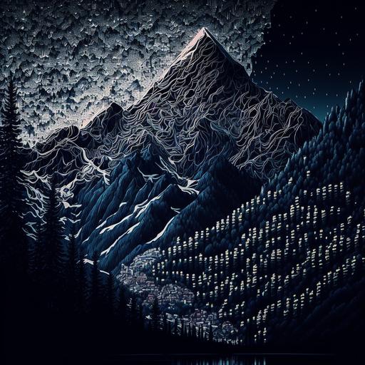 The mountains are only sleeping giants, watch them and you will see a limb stir or an eye half open. One day they will awaken and the enormity of their wrath will shake the heavens. They will tear the trees from the ground and sweep us all away into the sea, pointillism, hyper-realistic, ultra-detailed, 8k