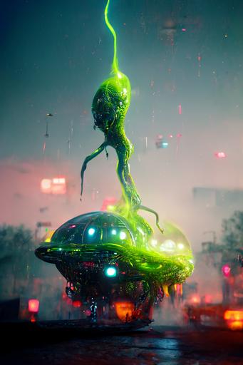 The neon green alien dances for a whirlwind UFO, photorealism, hyperdetails, high details, unreal render, dramatic lighting, 8k, cinematic lighting, unreal engine, octane render, volumetric lighting --ar 2:3