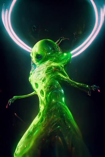 The neon green alien dances for a whirlwind UFO, photorealism, hyperdetails, high details, unreal render, dramatic lighting, 8k, cinematic lighting, unreal engine, octane render, volumetric lighting --ar 2:3