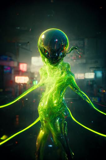 The neon green alien dances for a whirlwind UFO, photorealism, hyperdetails, high details, unreal render, dramatic lighting, 8k, cinematic lighting, unreal engine, octane render, volumetric lighting --ar 2:3