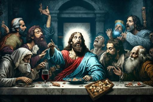 The one but last supper, throwing chicken nuggets at eachother, riot party, Jesus is very drunk, all sorts of alcohol on the table, vodka, martini, wine, beer, rum, people throwing up in the background, in the style of Leonardo Da Vinci --ar 3:2