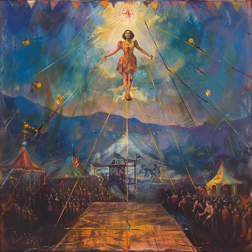 The painting depicts a scene set within the Circus Capella, with a large tent looming in the background, adorned with colorful flags and lights, hinting at the vibrant world within. In the foreground, Rigel stands tall and confident on a taut tightrope that stretches across the center of the canvas, symbolizing her journey from fear to courage. On one side of the tightrope, we see a faint image of Adela, representing Rigel's past. Adela is depicted as a weary figure, burdened by the toils of farm life, her expression somber as she carries out her tasks under the watchful eye of a stern overseer. Opposite Adela, on the other side of the tightrope, stands Rigel, bathed in warm, golden light that emanates from above. She is adorned in the colorful attire of a circus performer, her face illuminated with determination and resolve. Despite her lingering fear of heights, Rigel stands tall and poised, embodying the spirit of resilience and bravery. Beneath Rigel's feet, the ground falls away into darkness, symbolizing the abyss of fear and uncertainty that she must overcome. Yet, she remains steady and focused, her gaze fixed on the horizon with unwavering determination. Surrounding Rigel and Adela are subtle motifs that hint at their respective journeys. Adela's side is adorned with images of farm life - rolling fields, barren trees, and dilapidated buildings - while Rigel's side is adorned with symbols of the circus - acrobats soaring through the air, clowns juggling brightly colored balls, and the silhouette of a grand circus tent. In the background, a crowd of spectators watches intently, their faces a mix of awe and admiration as they witness Rigel's daring feat. Among them stands Mr. Jacobe, his wise eyes filled with pride as he watches his protege conquer her fears [...]