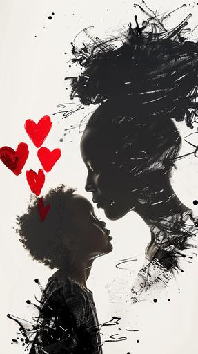 The parental love between a black Mother and her son in a charcoal minimalist single line sketch, red hearts and love in the air, double exposure, chiaroscuro --ar 9:16