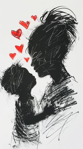 The parental love between a black Mother and her son in a charcoal minimalist single line sketch, red hearts and love in the air, double exposure, chiaroscuro --ar 9:16
