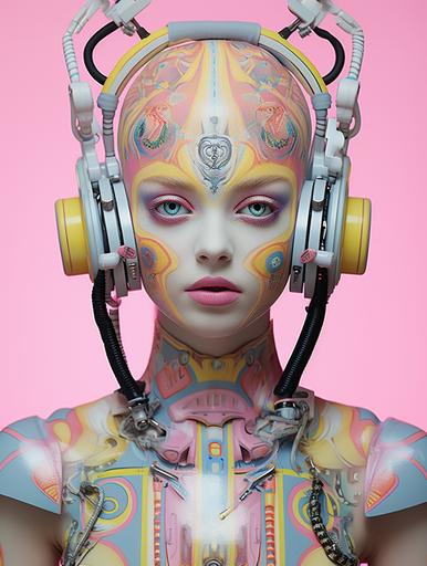 The pastel poster of an exhibition, in the style of calligraphic elegance, stripes, wallpaper, psychedelic realism, Sacha Goldberger, biopunk, cyberpunk, robot, impasto, in the style of pop art, Swedish woman, tattoos, dappled, intensely detailed, # vfxfriday, PLump,n the style of surrealistic poses, geometric shapes, Metatrons Cube , Fibonacci sequence, subsurface scattering, --ar 6:8 --v 5.2