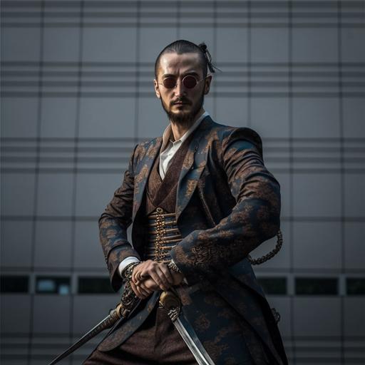 The person in this photo, samurai, keep the original face, transfer to the picture, fight, kimono, winner, armed, katana dagger, Japanese culture