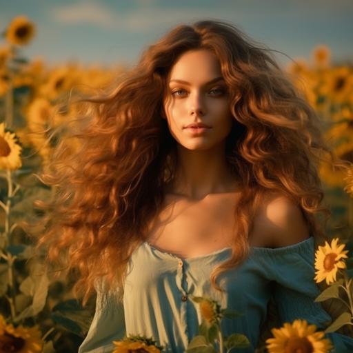 The photo of a girl with a sunflower flower cluster: The girl stands in stark contrast to the bright yellow sunflower flower sea, with a gentle breeze brushing her long hair, a pure and brilliant smile, and a harmonious color combination. This moment is filled with joy and beauty. --s 750