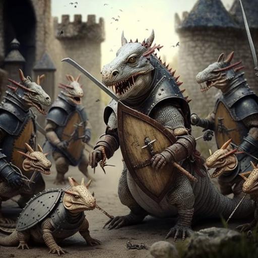The photo shows a group of knightly rats battling a giant dragon. Medieval landscape