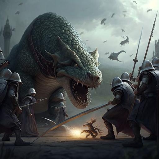 The photo shows a group of knightly rats battling a giant dragon. Medieval landscape